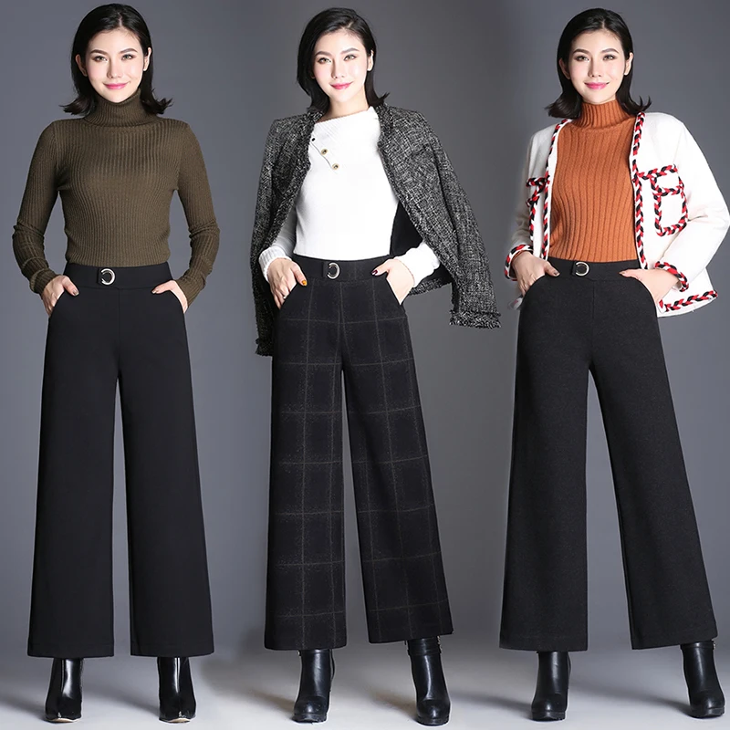 Mujeres Recto Tamaño Las Mujer Solid Largo Alta Cintura yellow Casual Black Lana Suelto Plaid Plus De 26 Plaid red Invierno Pantalones Pierna 32 Primavera Ancha Lana 7darqdwO