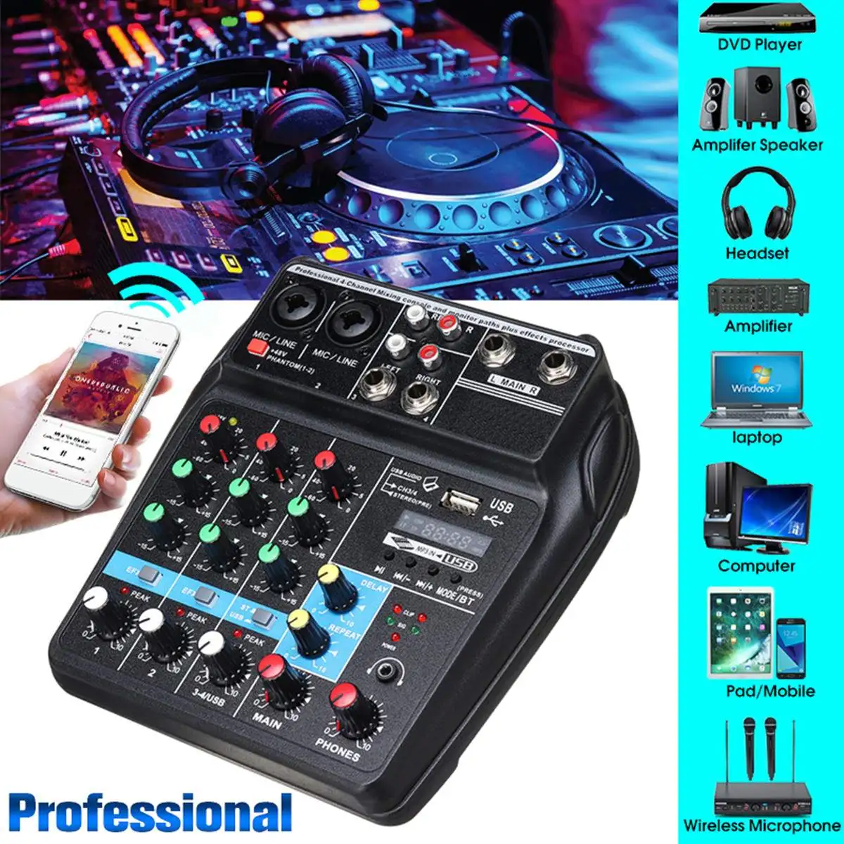 Портативный 4 канальный USB bluetooth аудио миксер A4 запись звука в студии DJ консоль для