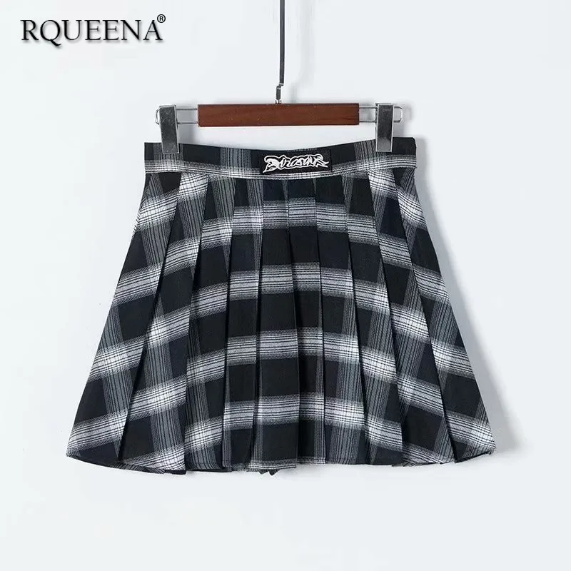 

Rqueena Korean Style Women's Skirts Black/Yellow/Red/Green Spring Plaid Skirt Fashion Woman High Waist Skirts For Women PS006