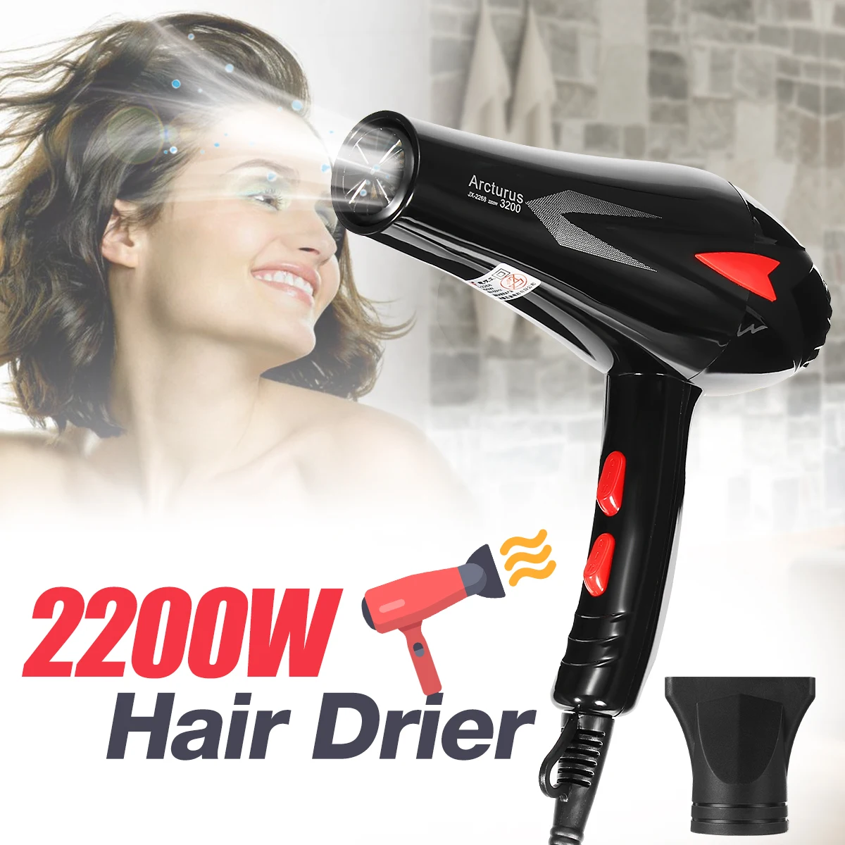 

Professional Style Hair Dryer 2200W 3 Heat 2 Speed Settings Concentrator Nozzle Constant Temperature AU Plug Quick Accessories