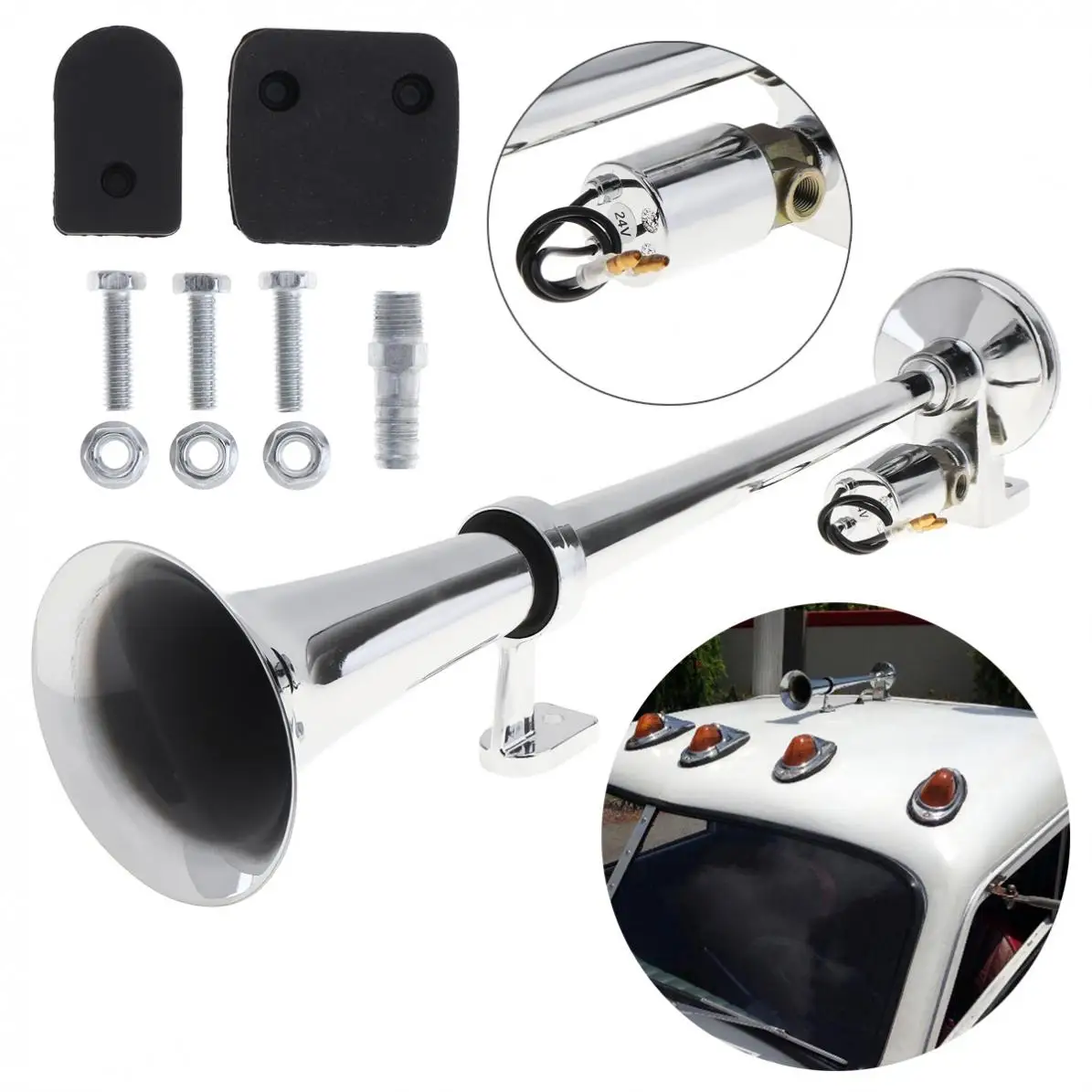 17Inch Chrome Plated ZINC 12V / 24V 150dB Super Loud Single Trumpet Car Air Operated Horn for Automobiles Truck Boat Trai