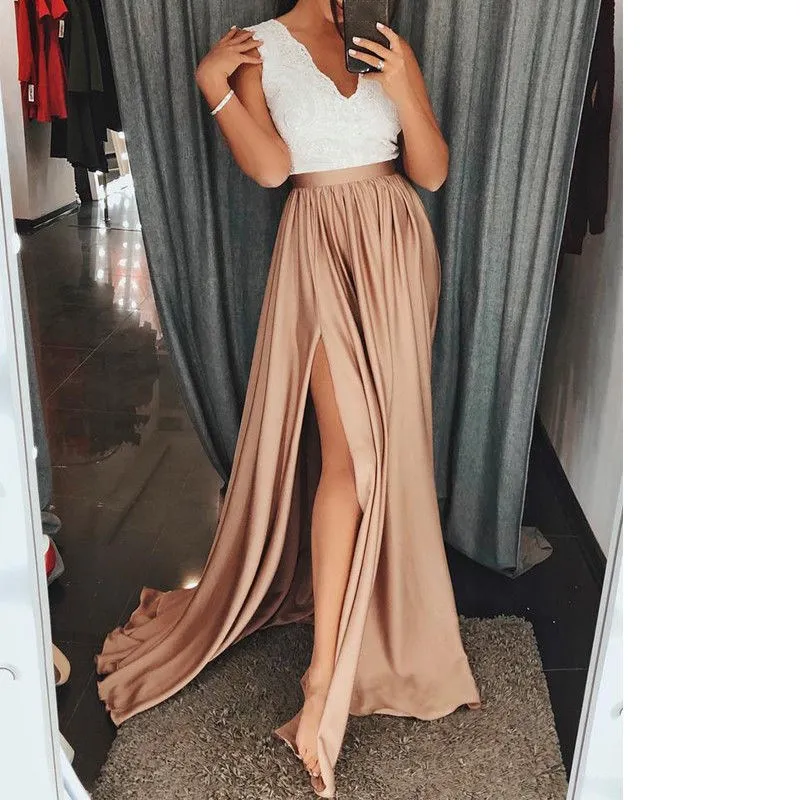 

Women High Split V Neck Long Maxi Dress Pleated Beach Casual Party Dress Lady Lace Patchwork Splicing Dress