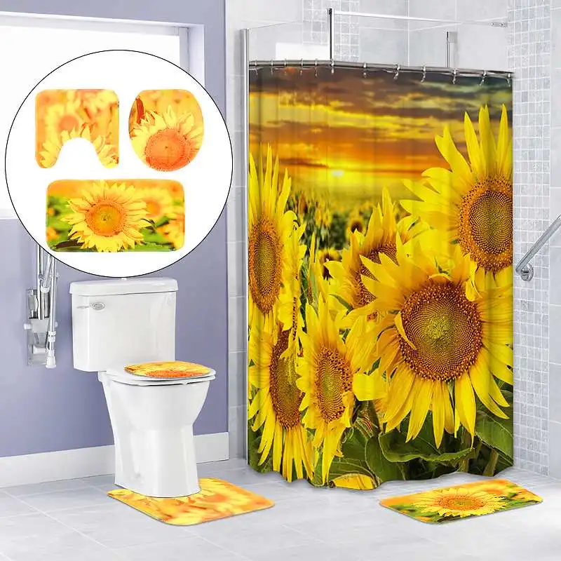 

Xueqin 1Set PVC Sunflower Bathroom Products Pedestal Rug + Lid Toilet Cover+Bath Mat Set + Shower Curtain+12x Hooks Home Decor