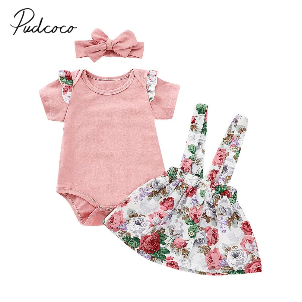 Фирменная Новинка для новорожденных Одежда для маленьких девочек комплекты из 3 предметов розовый комбинезон с цветным узором в целом платье повязка Летняя Одежда 0-24 M