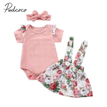 Фирменная Новинка для новорожденных Одежда для маленьких девочек комплекты из 3 предметов розовый комбинезон с цветным узором в целом платье повязка Летняя Одежда 0-24 M