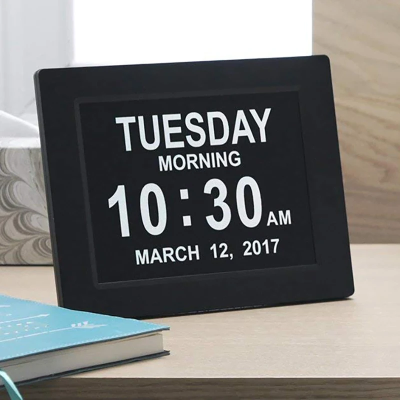 8" Digital Alarm Clock Extra Large Non Abbreviated Day Clock Date Time