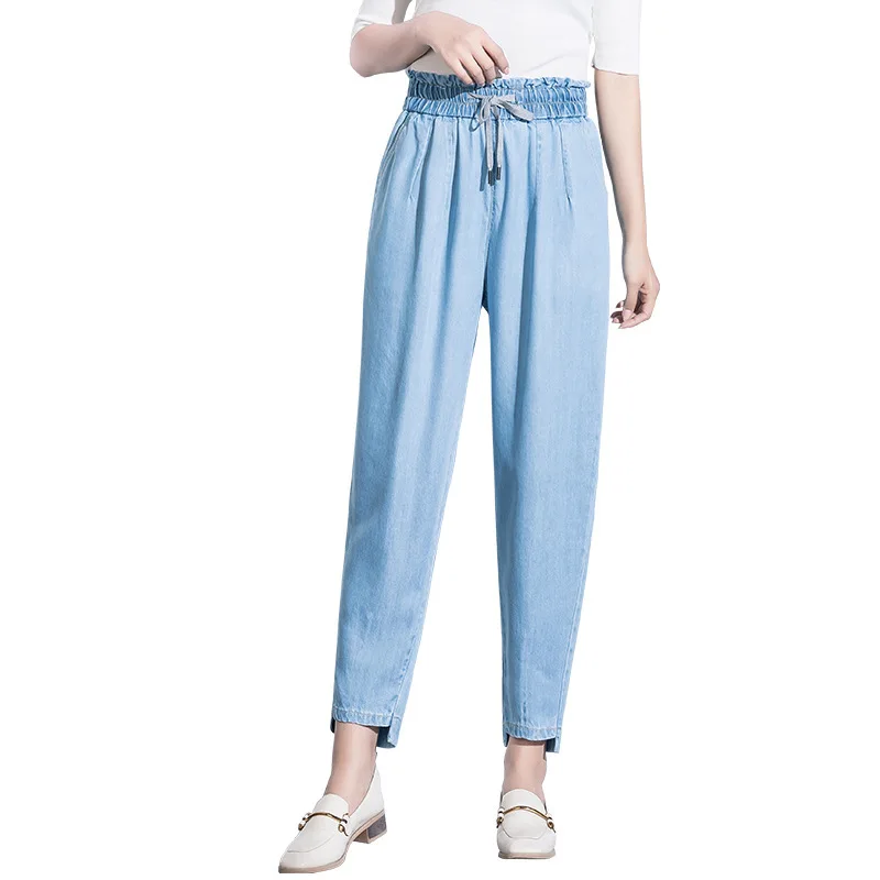 

2019 summer new high waist drape elastic waist thin tencel jeans female casual pencil pants women jeans spring 19060