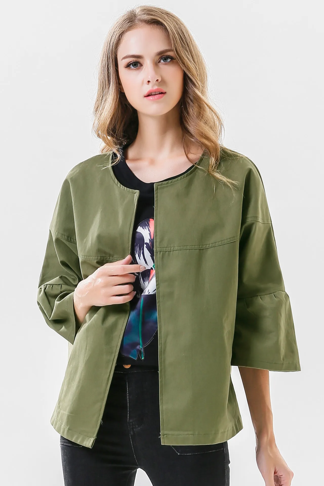 

Spring & Autumn Three Quarter Sleeve Round Neck Women Jacket Coat Army Green Personality Fashion All-match Woman Outwear Jackets