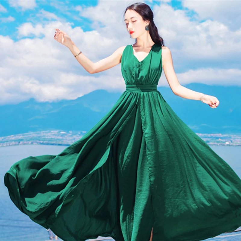 Vestido de Verano elegante para Mujer, largo, Vintage, Ropa Mujer Verano 2018, Vestidos Largos, cruzado, Sukienki, Vestido de playa verde Vestido de Verano elegante para Mujer, largo, Vintage, Ropa Mujer Verano 2018, Vestidos Largos, cruzado, Sukienki, Vestido de playa verde