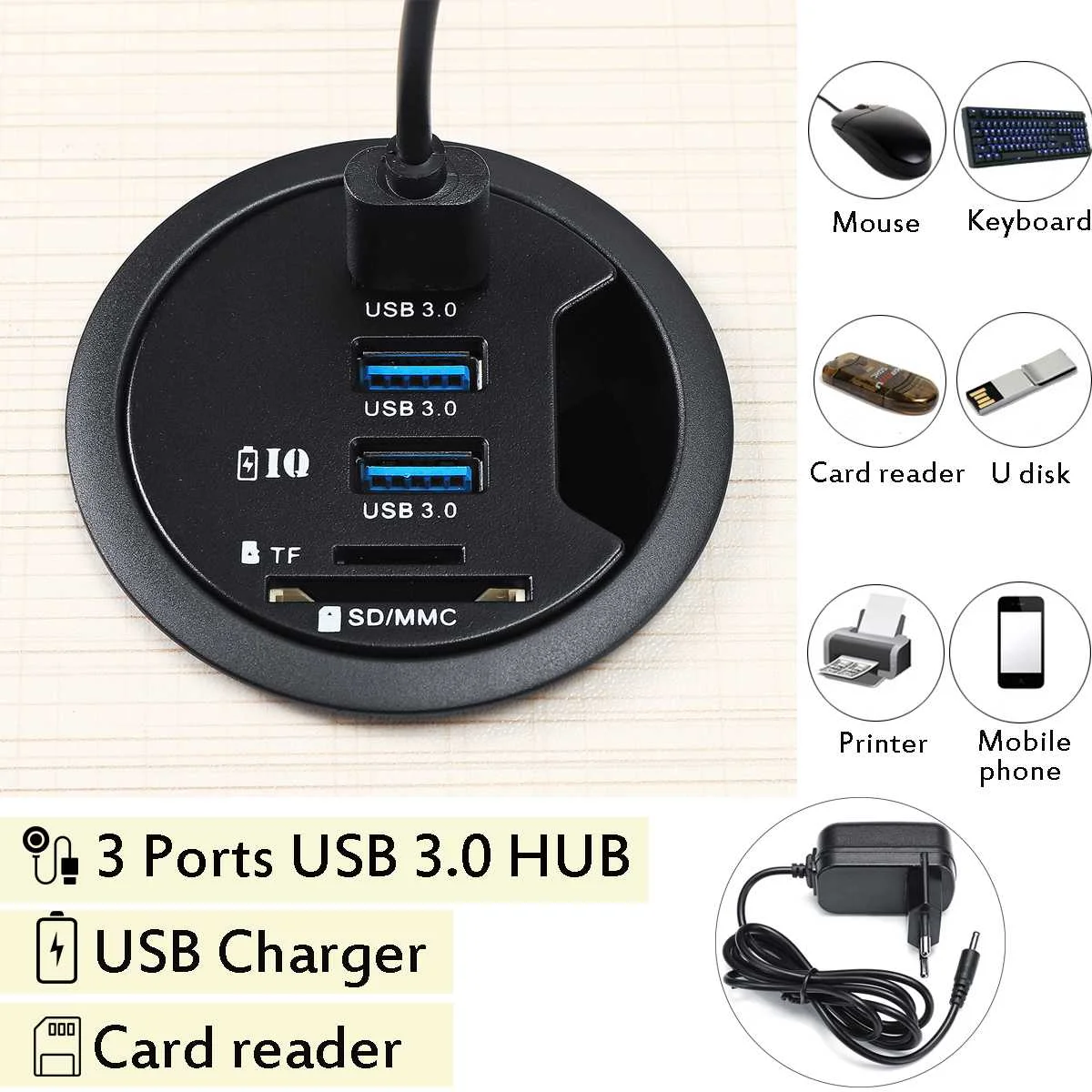 Universal In Desk 3-port Usb 3.0 Hub Adapter Charger With Card Reader Pc Accessories Mount For Tablet/smart Phones Usb Hubs - Docking Stations & Usb Hubs - AliExpress