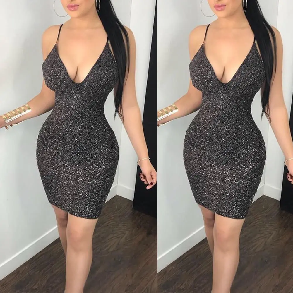 

Women Spaghetti Bodycon Mini Dress Ladies Summer V-Neck Sequined Shinny Dress Evening Party Club Slim Hollow Out Back Dress