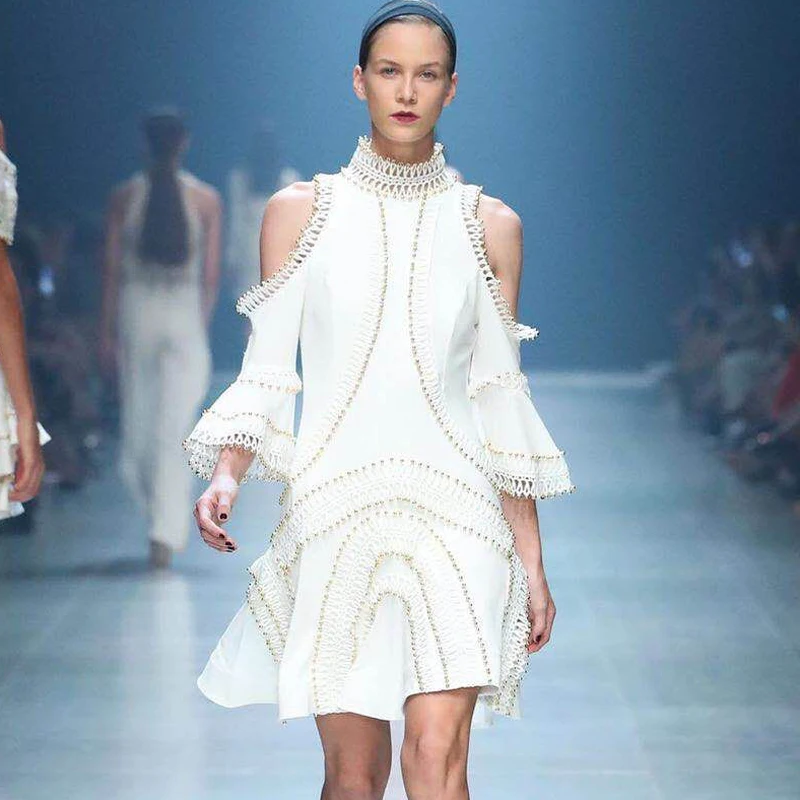 

High Quality 2019 Runway Designer Off Shoulder Hollow Out Flare Sleeve Bead Woman Mini Dress Irregular Patchwork Elegant Dress