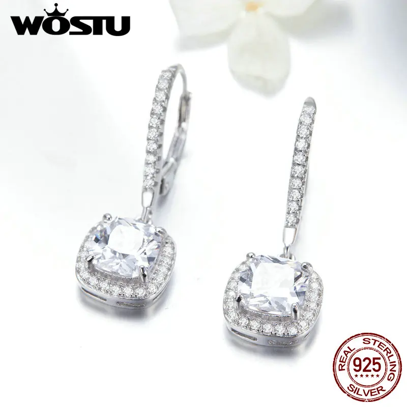  WOSTU Authentic 925 Sterling Silver Fashion Square Drop Earring With Clear CZ Women Jewelry Earring