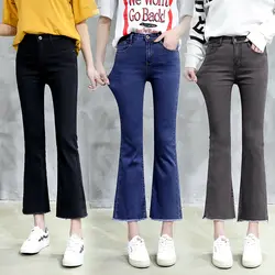 Синий черный серый рваные джинсы женские с высокой талией расклешенные джинсы для женщин 2019 повседневное плюс размеры деним мама джинсы