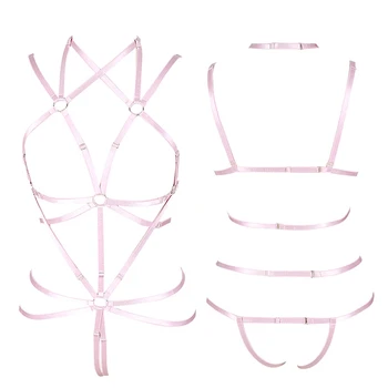 

Full Body Harness Bra for Women Pink Strappy Tops Hollow Out Sexy Lingerie Set Plus Size Elastic Adjust Punk Goth Dance Rave