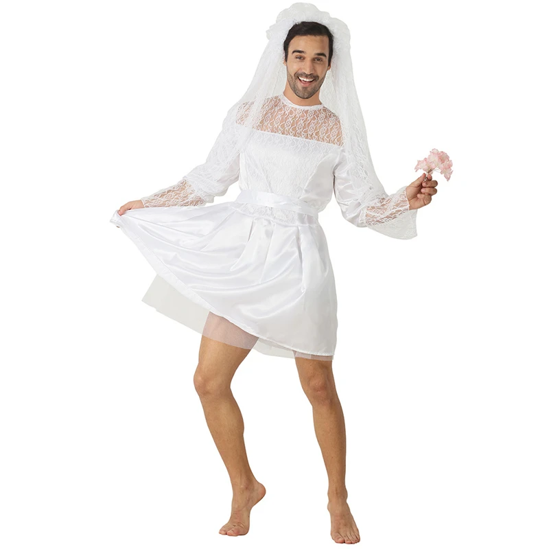 

Funny Bride Costume Men Sexy Wedding Dress Lace Veil Bridegroom Cosplay Carnival Party Outfit Halloween Costume For Men Adult