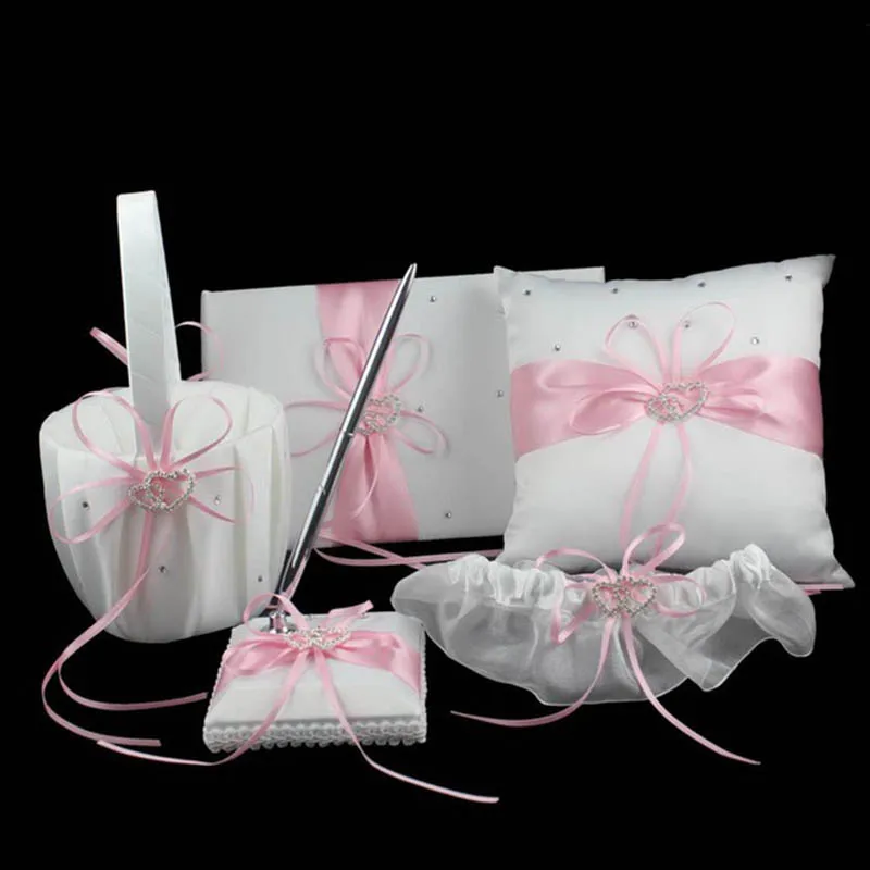 

5pcs/Set Wedding Flower Basket +Guest Book Pen Set + Ring Pillow +Garter Set