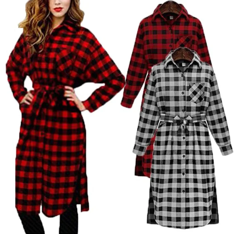 Goedkoop Celmia Vrouwen Vintage Check Plaid Print Shirt Jurk 2018 Lente Herfst Lange Mouwen Revers Casual Losse Knielange Flanel vestido