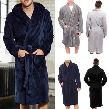 

Luxury Men's Long Sleepwear Robes Shawl Collar Fleece Bathrobe Spa Gown Kimono Pajamas Plain Color Robes for Home Hotel