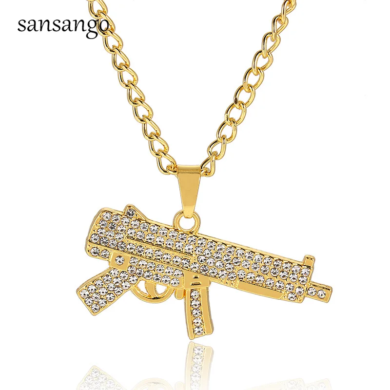 

Gold Color Uzi Gun Pendant Necklace Men Alloy Full Crystal Bling Submachine Chain Hip Hop Male Rock Necklace Jewelry Accessories