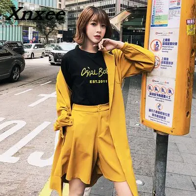 Women's set two pieces autumn blazer set suit elegant casual loose trench coat blazer +Wide leg short pants suits two pieces