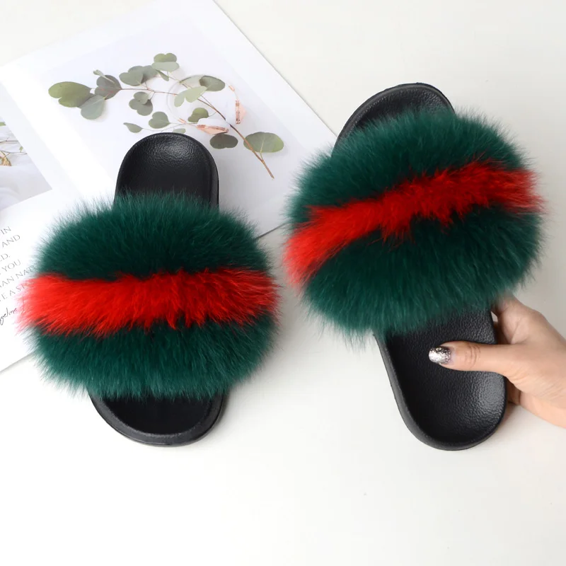 2019 Real Fur Slippers Women Fox Home Fluffy Slides Wholesale Feathers Furry Summer Flats ...
