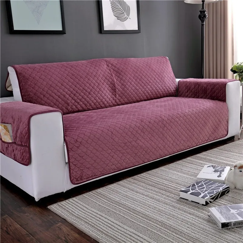 

New Style Plush Sofa Cover Elegant Solid Colors Slipcover With Pocket Anti Slip Armchair Furniture Couch Protector Home Textile