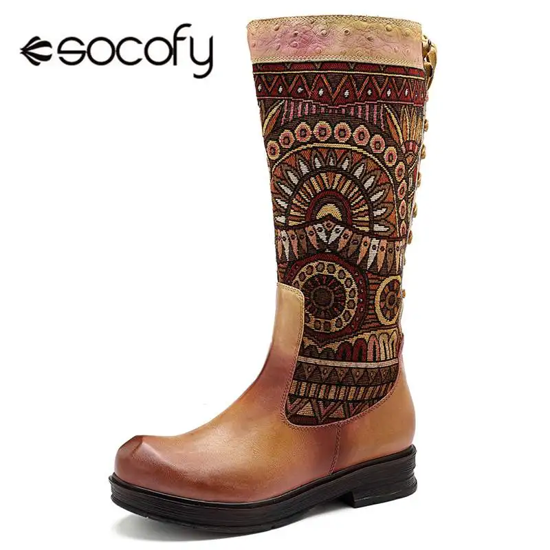 Socofy Retro Bohemian Women Boots Sheep Leather Splicing Cowgirl ...