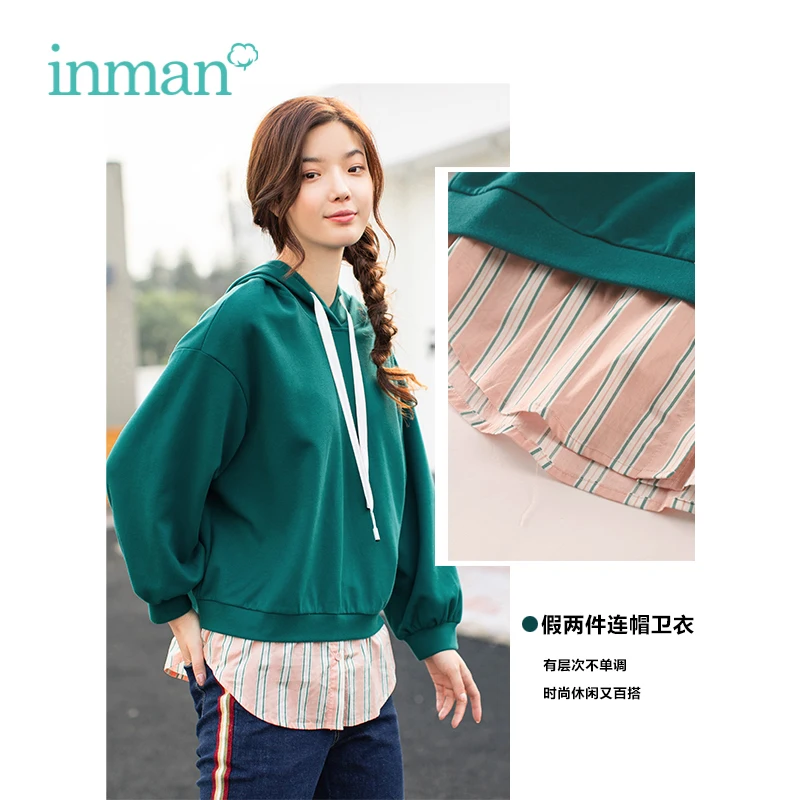 

INMAN 2019 Spring New Arrival Hooded Casual Student Style Loose All Matched Slim Striped Fake Two Pieces Women Sweatshirts