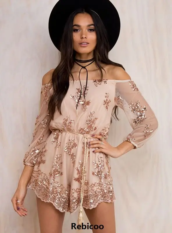Осень V шеи комбинезоны для женщин блесток комбинезоны Boho сетчатый комбинезон боди с завязками комбидрессы с поясом женский комбинезон