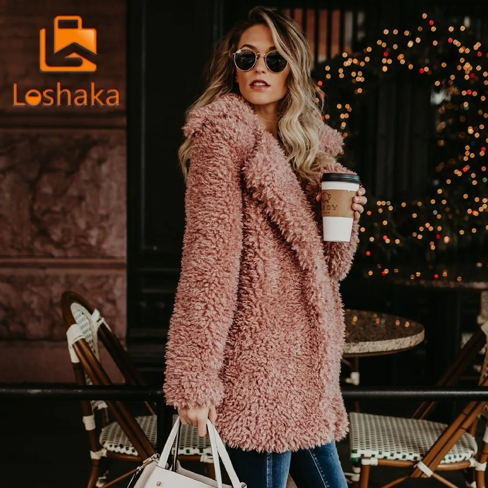 Loshaka Women Winter Jacket Coat Faux Fur Bomber Jacket Teddy Coat Trench Wool Coat Pink Overcoat Long Sleeve Hooded Outwear