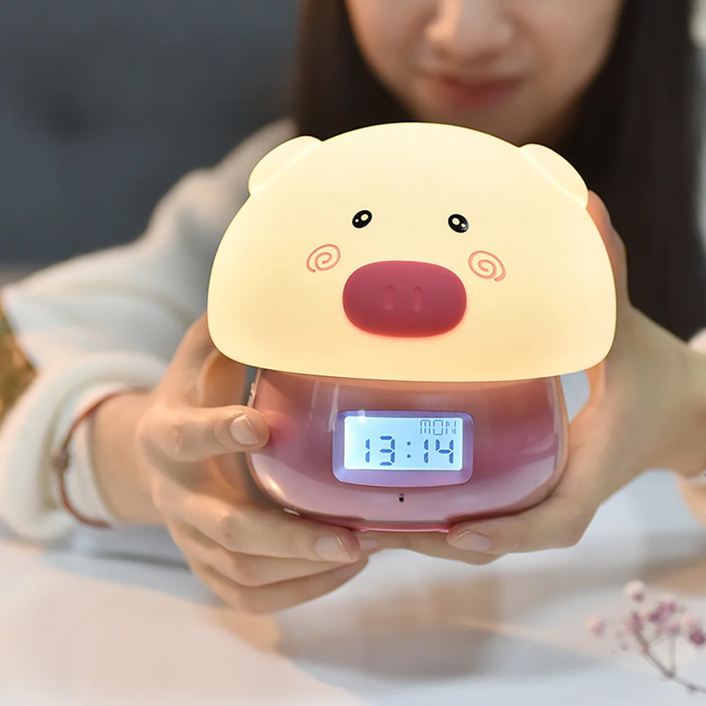 

Decorative Colorful Cute Temperature Cartoon Pig USB Charging Soft Alarm Clock Night Light Remote Control Recording Pat Led