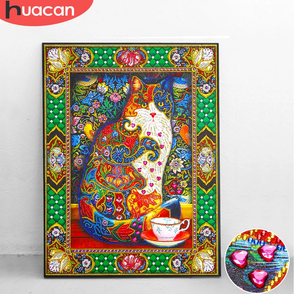 HUACAN, алмазная живопись особой формы, животные, стразы 5D, сделай сам, частичная круглая Алмазная мозаика, кошка, домашний декор, 40x50