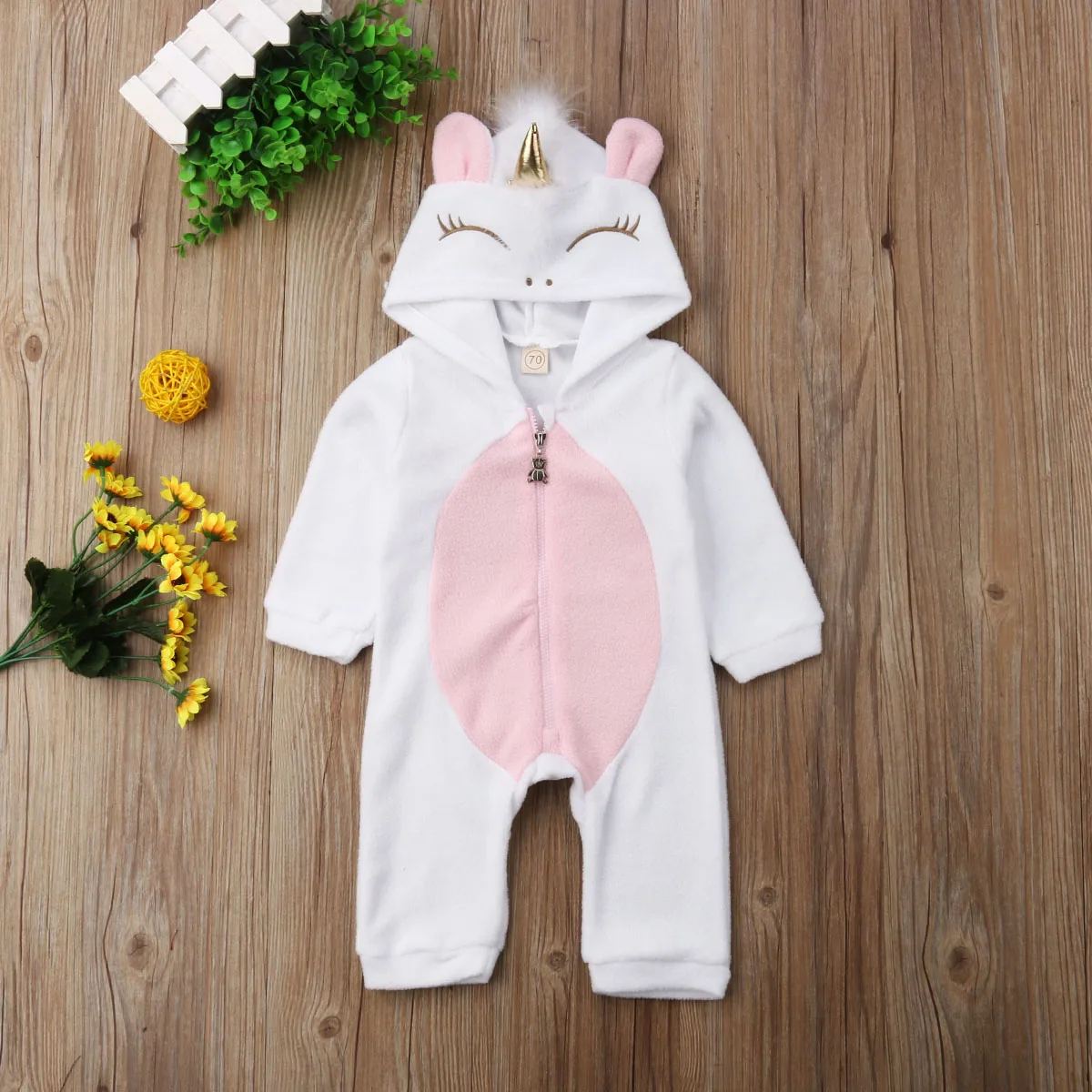 

Newborn Baby Girl Cartoon Wings Flannel Romper Hooded Jumpsuit Outfits Kids Clothes Winter 0-2y