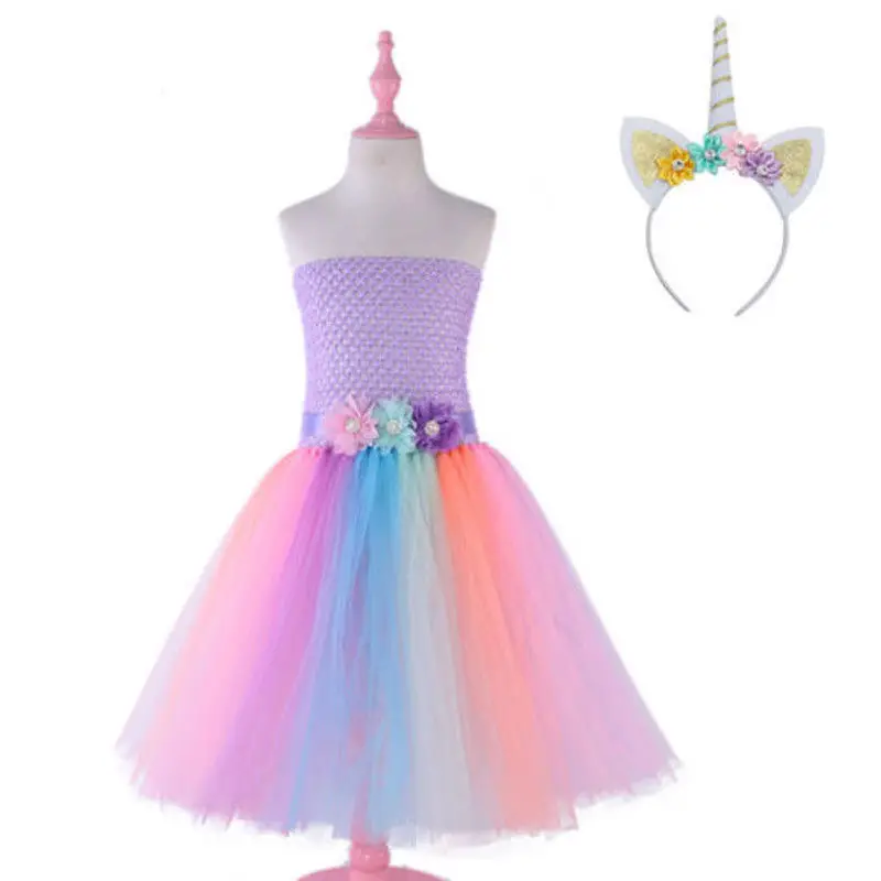

Unicorn Toddler Kids Girls Dress Off shoulder Strapless Floral Ball Gown Princess Dress Headband 2PCS Fancy Party Costume