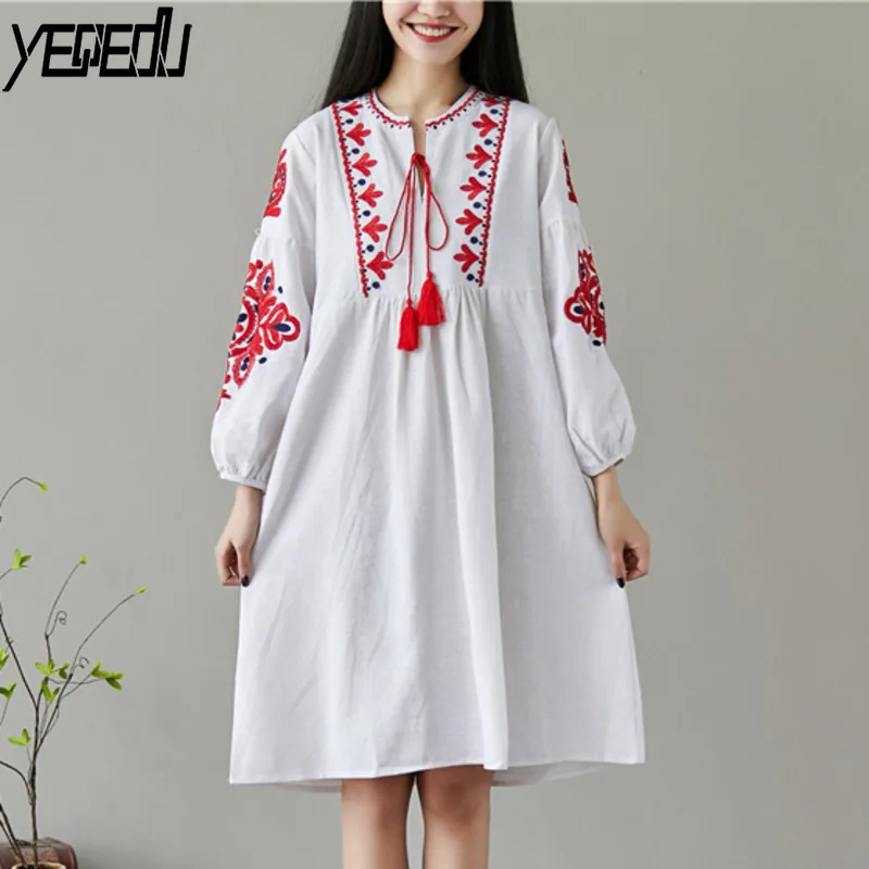 

#1731 Autumn White/Navy Blue Cotton Line Dresses Embroidery Floral Tassels Puff Sleeve Dress Women Vintage O-neck Loose