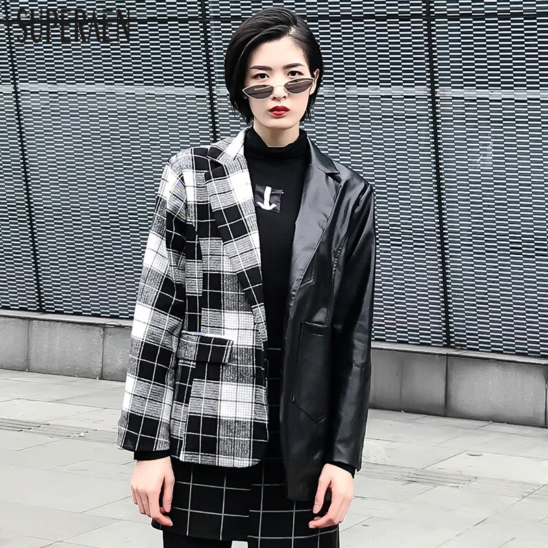 

SuperAen Fashion Woolen Plaid Jacket Female 2018 Autumn and Winter New Loose Leather Stitching Long-sleeved Jacket Female