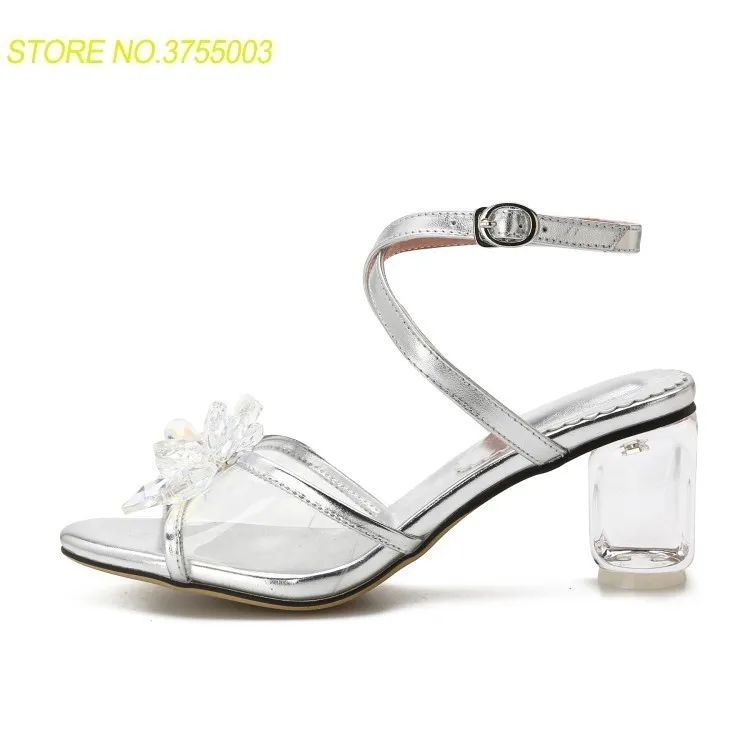 

Newest Crystal Flower Decor Women Open Toe Sandals Transparent Chunky Heels Ladies High Heels Gladiator Wedding Stilettos