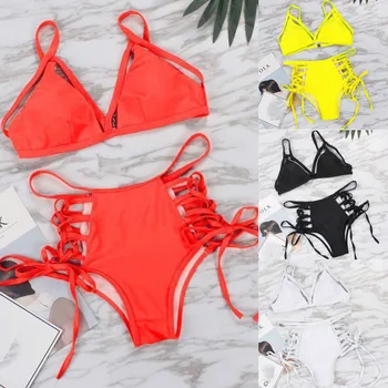 

Women Solid Push-up Padded Bra Bandage Bikini Set Swimsuit High Waist Monokini Triangle Swimwear Bathing Set Beachwear
