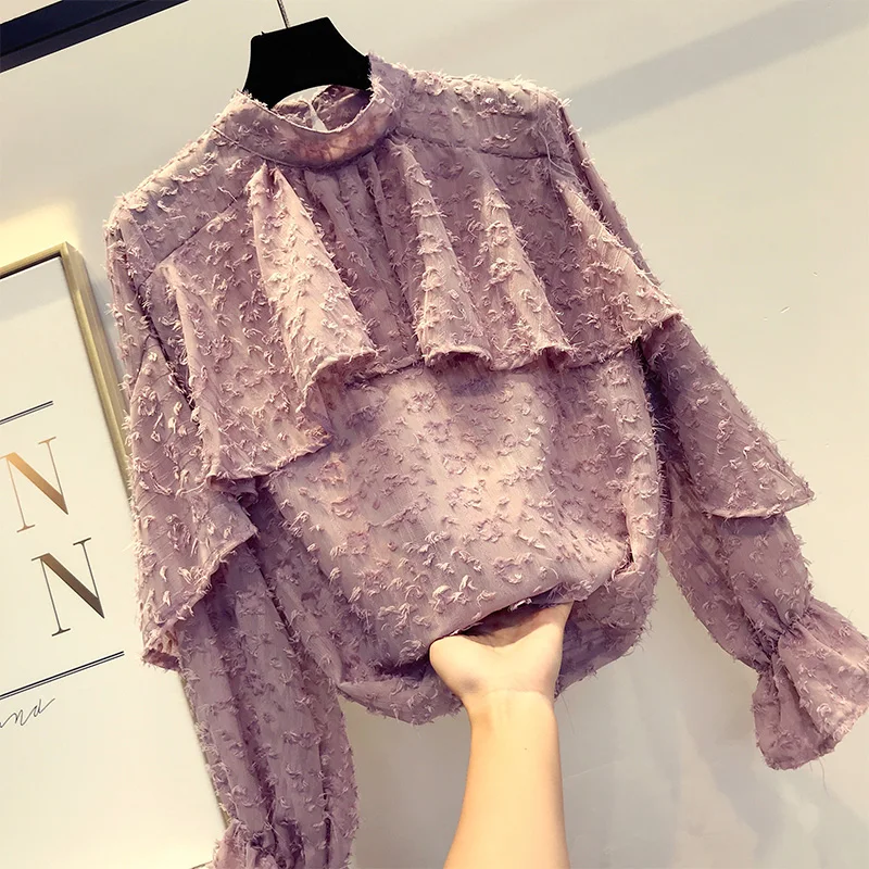 Fall New Women Blending Ruffle Loose Pullover Shirts Ladies Fur Polka Dot Puff Sleeves Blouse Suits Female Stand Collar Tops