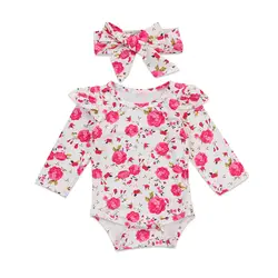 Pudcoco новорожденный малыш для маленьких девочек одежда с цветочным принтом с длинными рукавами комбинезон Цветочный трико Одежда 0-24 м