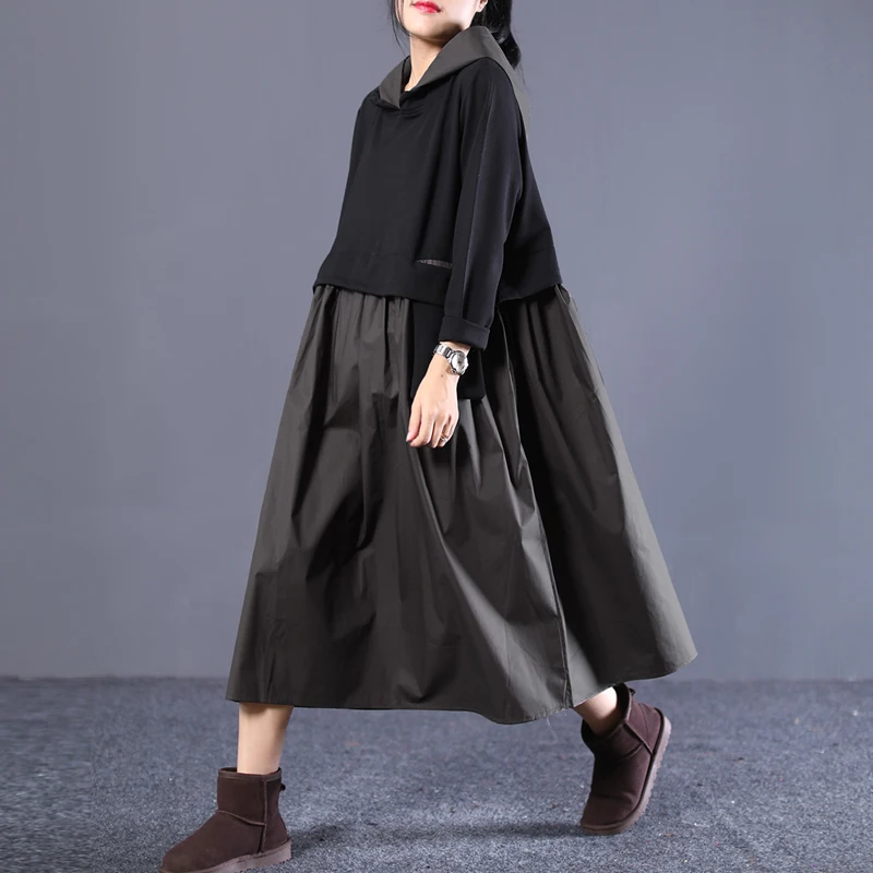 

EWQ 2019 New Women Spring Autumn Cotton Linen And Korean Hooded Spelling Color Split Joint Even Hat Dress Loose Vestido WC12306