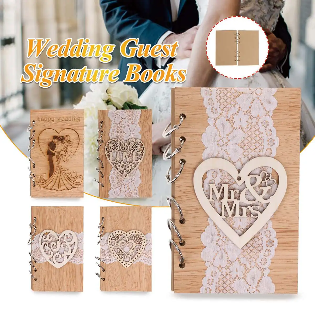 

2019 Wedding Guest for Signature Books Couple Wooden Notebook Vintage Laser Cut Wood Journal Wedding Decoration