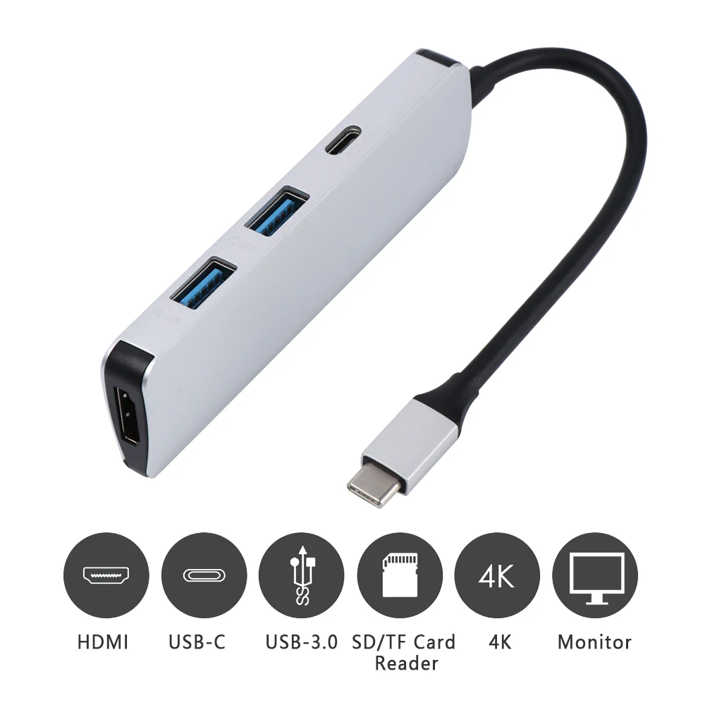 

hot-5 in 1 Type C Hub 4K HDMI Output 2 USB 3.0 Port SD/TF Card Reader USB-C Converter Multi-port Adapter for Mac Book Pro Chrom