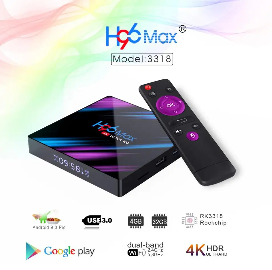 

H96 Max-3318 USB 3.0 WIFI H.265 4GB HDR Quad-core Android 9.0 4K 1080P Mini TV BOX Media Player With Remote Control
