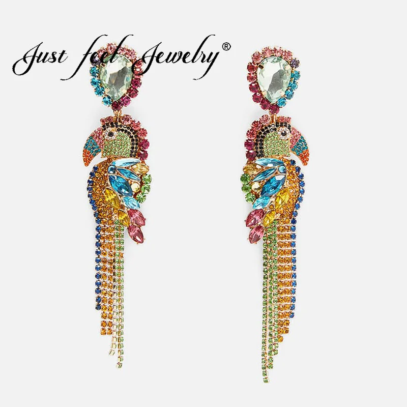 

JUST FEEL Trendy Colorful Boho Crystal Fringed Drop Dangle Earrings Women Bird Fish Animal Pendant Rhinestone Pendant Earring