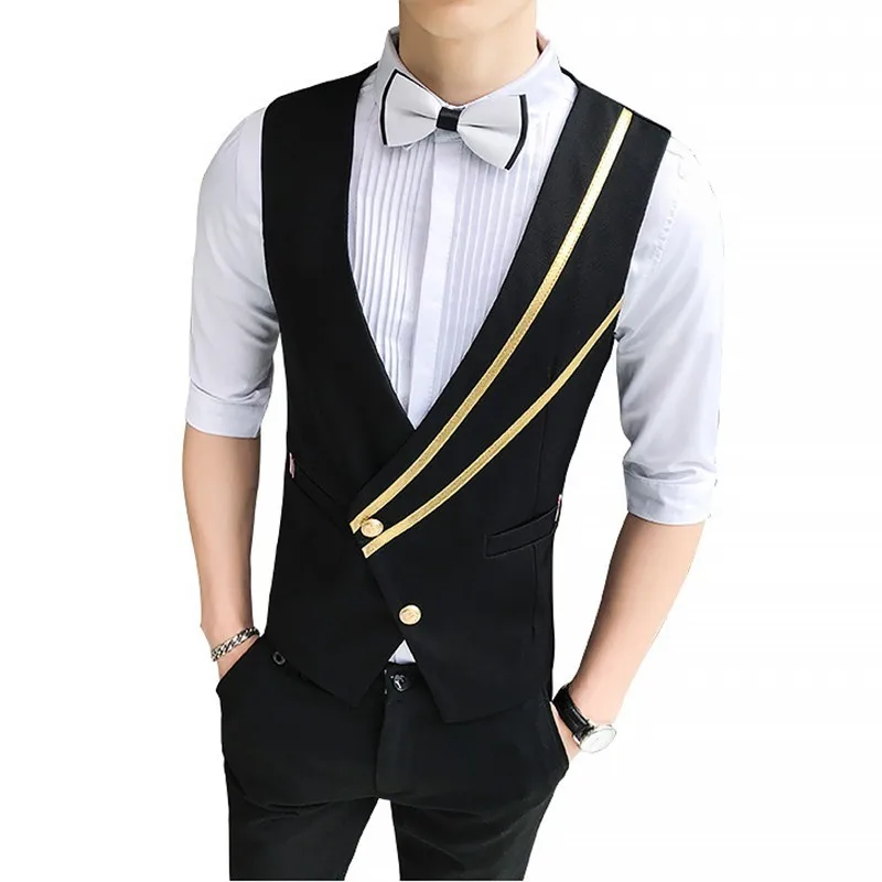 

Fashion British Style Oblique Pull Bar Single Row Buckle Vest Waiter Nightclub Vest Work Clothes Vest Man 2019 Chaleco Hombre