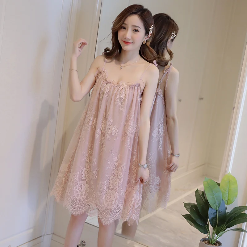 

2019 maternity summer sleeveless lace dress lacing strap ruffles collar pregnant women double layers chiffon dress sweet shirts