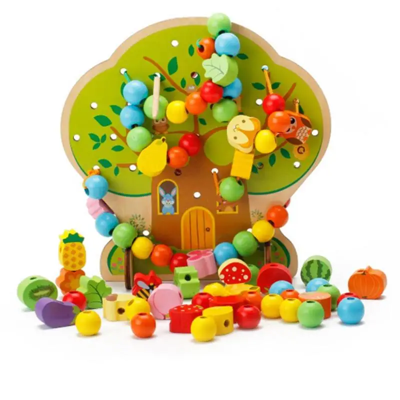 Billige 3D DIY Spielzeug Holz String Perlen Früchte Baum Tiere Bunte Baby Kinder Früh Pädagogisches Spielzeug Geschenk Montessori Perlen Auffädeln Spiel