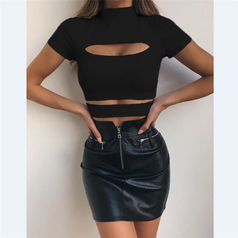 

Sexy Women's Black Short Sleeve Crop Top Ladies Solid Stretch Leotard Hollow Out High Neck Tops Shirt